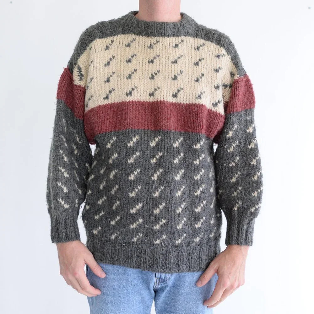 Handmade Unisex Cream And Gray Wool Crew Neck Sweater